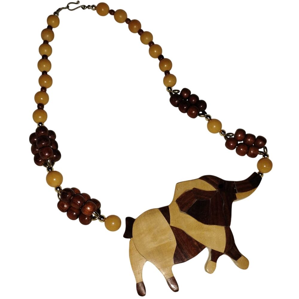 Vtg Inlaid Elephant Necklace 22" Wood & Faux Bone Beads Southwestern / Folk Art